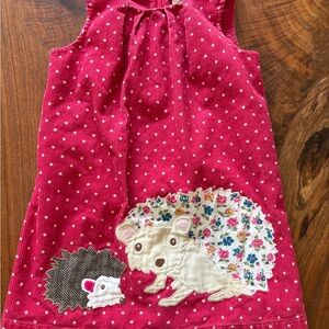 Mini Boden Pink Polka Dot Dress with Hedgehog Appliqué